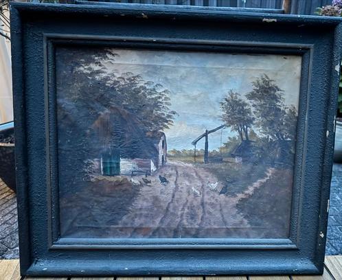Oud schilderij boerderij tafereel, Antiek en Kunst, Kunst | Schilderijen | Klassiek, Ophalen of Verzenden