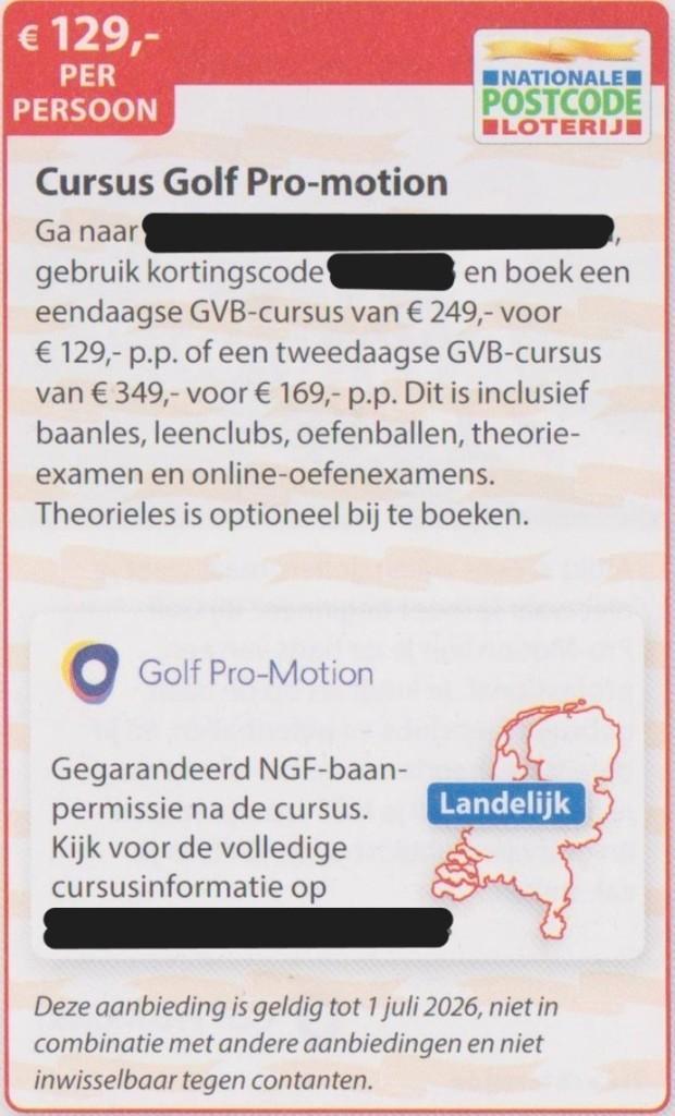 Cursus Golf Pro-Motion. € 129,- p.p. Postcodeloterij bon., Tickets en Kaartjes, Kortingen en Cadeaubonnen, Eén persoon, Kortingsbon