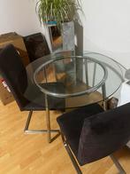 Ronde glazen tafel + 4 stoelen (105cm), Huis en Inrichting, Tafels | Eettafels, Ophalen, Gebruikt, 100 tot 150 cm, Rond