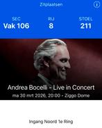 Andrea bocelli - 2 tickets vak 106 - Ziggo dome 30 maart, Twee personen