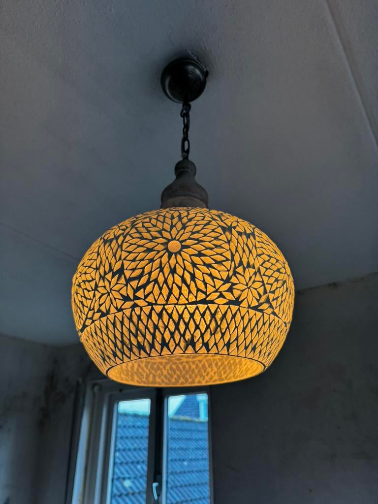 Sfeervolle oosterse mozaïek hanglamp, Huis en Inrichting, Lampen | Hanglampen, Zo goed als nieuw, Minder dan 50 cm, Glas, Hout