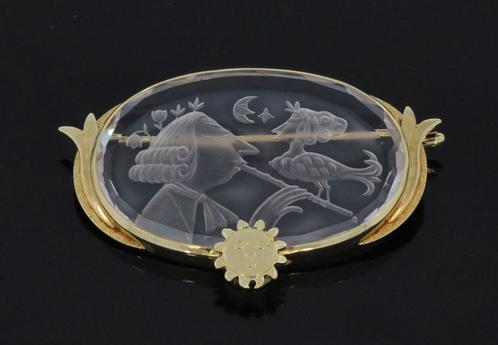 Uniek 14k gouden vintage broche kristal man fluit haan retro, Sieraden, Tassen en Uiterlijk, Antieke sieraden, Broche, Goud, Met edelsteen