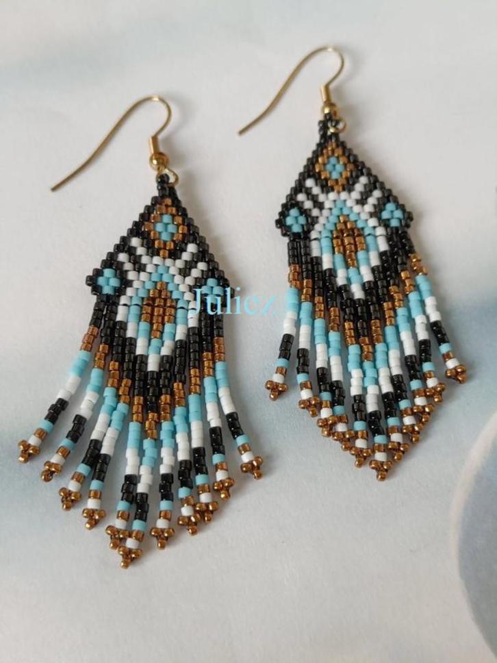 Native American fringe oorbellen "Juliez Handmade", Sieraden, Tassen en Uiterlijk, Oorbellen, Nieuw, Hangers, Glas, Zwart, Ophalen of Verzenden