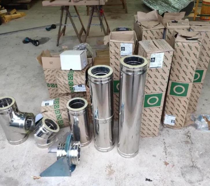Dubbelwandige rvs kachelpijp, Doe-het-zelf en Verbouw, Buizen en Afvoer, Zo goed als nieuw, Rvs, Minder dan 2 meter, 80 mm of meer