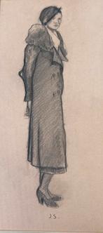 Dame in jas - tekening - monogram J.S. (Jan Sluijters?), Antiek en Kunst, Ophalen