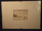 A257 Aquarel WZ boerderij met twee vogels prikkeldraad bomen, Huis en Inrichting, Minder dan 50 cm, Oorspronkelijke maker, Ophalen of Verzenden