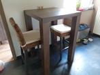 massief eiken bartafel met 2 rieten barkrukken, Ophalen, Gebruikt