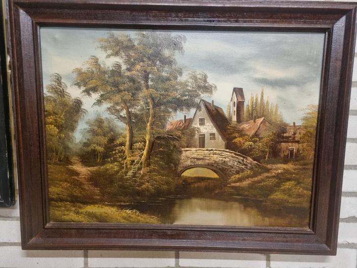 Schilderij met landschap en brug, Antiek en Kunst, Kunst | Schilderijen | Klassiek, Ophalen of Verzenden