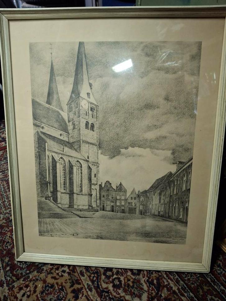 Tekening Bergkerk Deventer - Van den Dool, Antiek en Kunst, Kunst | Tekeningen en Foto's, Ophalen of Verzenden
