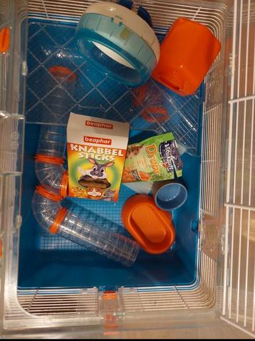 Complete hamstercage met accessoires, voer en bodembedekking beschikbaar voor biedingen