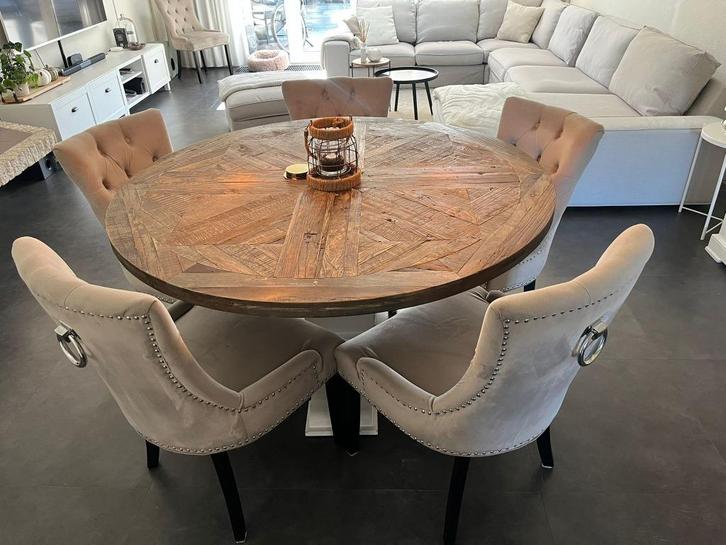 Eetkamerstoelen taupe, Huis en Inrichting, Stoelen, Gebruikt, Vijf, Zes of meer stoelen, Hout, Stof, Overige kleuren, Ophalen