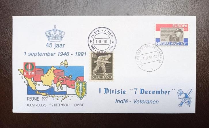 Reünie 1e Divisie 7 December - Indië veteranen, 1991 + inleg, Postzegels en Munten, Brieven en Enveloppen | Nederland, Envelop
