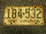 Kentekenplaat licenseplate Virginia 1961 USA, Verzenden, Gebruikt, Auto's