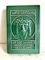Vintage keramiek pausbusje met afbeelding Jezus groen, Ophalen