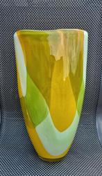 Grote zware vintage glazen vaas geel groen, Antiek en Kunst, Ophalen of Verzenden