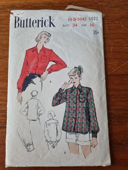 Butterick 5022 vintage patroon blouse, Hobby en Vrije tijd, Kledingpatronen, Zo goed als nieuw, Vrouw, Overige merken, Ophalen of Verzenden