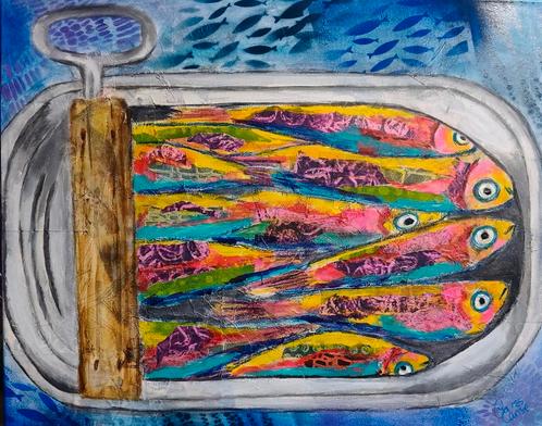 Schilderij Blik sardientjes, Antiek en Kunst, Kunst | Schilderijen | Modern, Ophalen of Verzenden