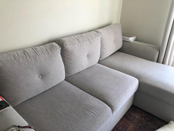 Slaapbank met opbergruimte, beige/grijs, Huis en Inrichting, Banken | Bankstellen, Gebruikt, Hoekbank, Driepersoons, 200 tot 250 cm