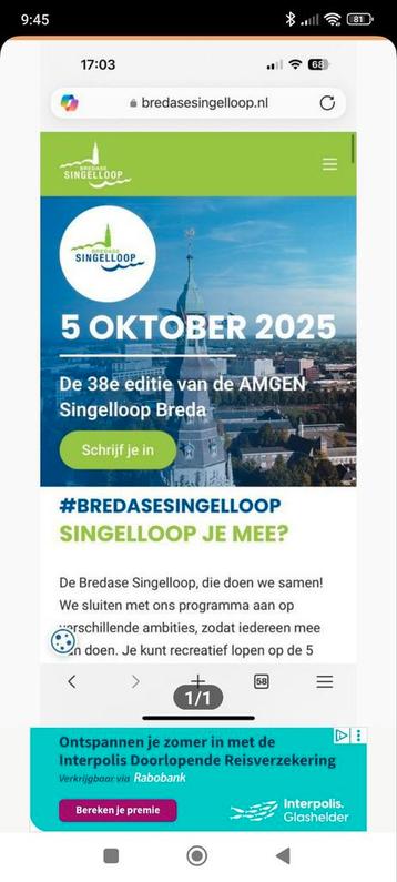  Startbewijs Singelloop Breda 5 oktober 2025 5 of 10 km beschikbaar voor biedingen