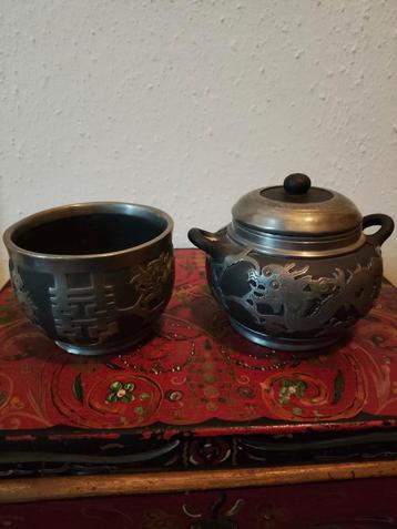 Prachtige oude Chinese pot en kom, aardewerk met tin beschikbaar voor biedingen