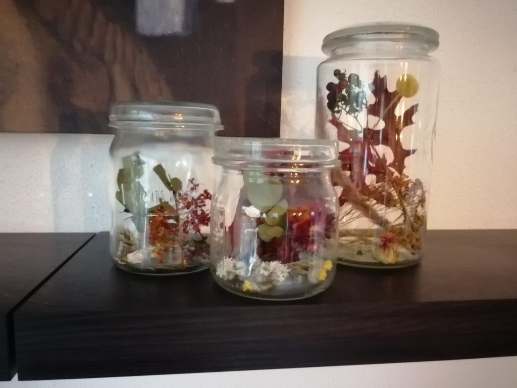 Oude weckpotten gevuld met droogbloemen, Ophalen of Verzenden, Zo goed als nieuw
