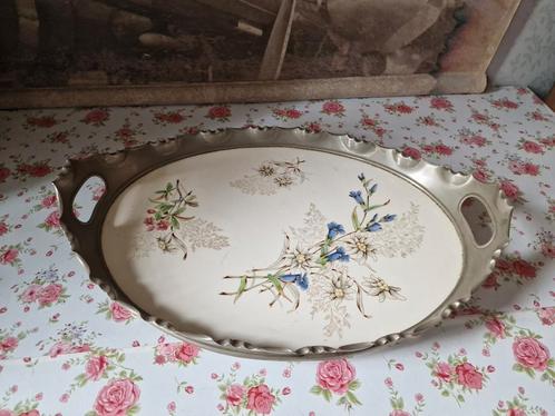 Antiek tinnen dienblad floraal decor, Antiek en Kunst, Curiosa en Brocante, Ophalen of Verzenden