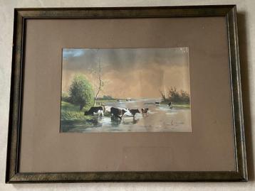 Aquarel waterlandschap naar Willem Roelofs koeien aan water  beschikbaar voor biedingen