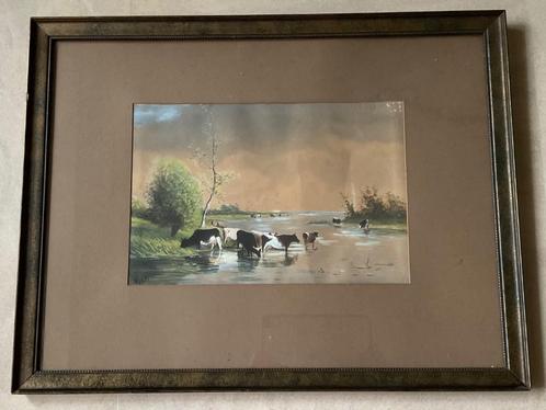 Aquarel waterlandschap naar Willem Roelofs koeien aan water, Antiek en Kunst, Kunst | Schilderijen | Klassiek, Verzenden
