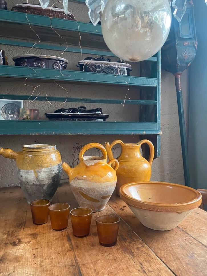 Antiek frans aardewerk, kruik, schaal, confit geel, Antiek en Kunst, Antiek | Woonaccessoires, Ophalen of Verzenden