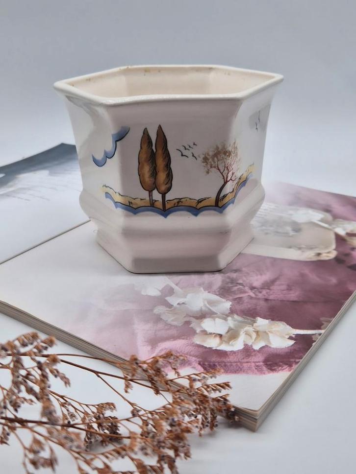 Keramische Bloempot Handgeschilderd Landschap, Tuin en Terras, Bloempotten, Zo goed als nieuw, Aardewerk, Binnen, Balkon, Tuin