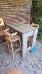 10 Barkrukken en 2 Statafels (ook los te koop) MOET WEG, Tuin en Terras, Tuinsets en Loungesets, Ophalen, Gebruikt, Steigerhout