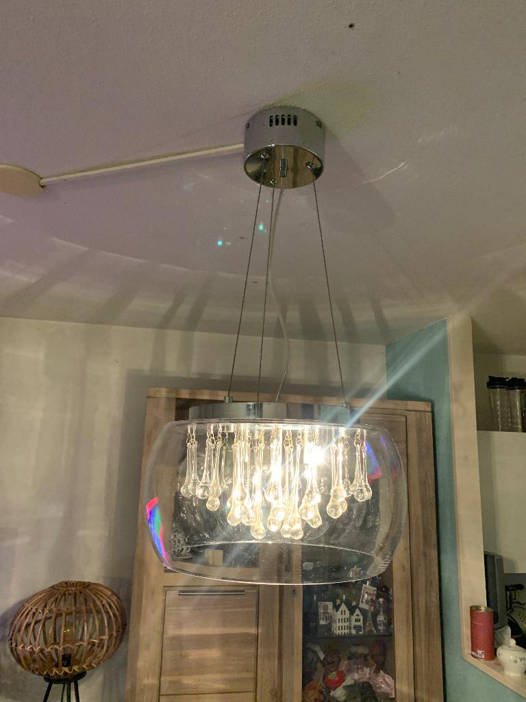 Glazen hanglamp met kristallen druppels, Ophalen, Zo goed als nieuw, Glas, Modern, lichte vintage touch.