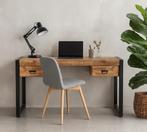 Industrieel bureau met 2 lades, Mango hout + staal., Huis en Inrichting, Bureaus, Ophalen of Verzenden, Nieuw, Bureau