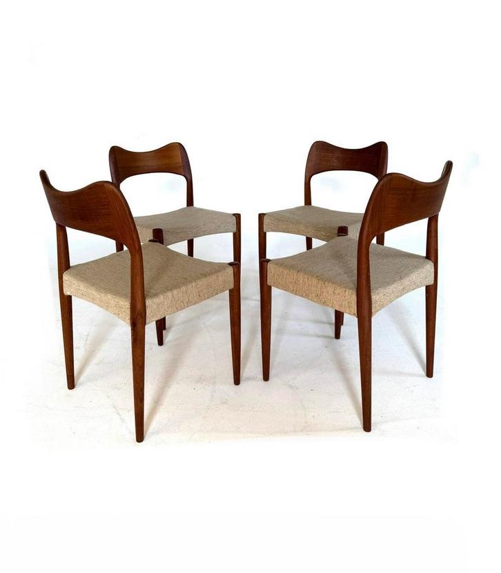 4x vintage eetkamerstoel, Arne Hovmand Olsen ‘60, Huis en Inrichting, Stoelen, Gebruikt, Vier, Hout, Stof, Bruin, Ophalen of Verzenden