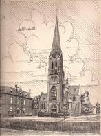 Oude Pekela Sint-Willibrorduskerk tekening sievers 50/60er j, Antiek en Kunst, Kunst | Tekeningen en Foto's, Ophalen of Verzenden