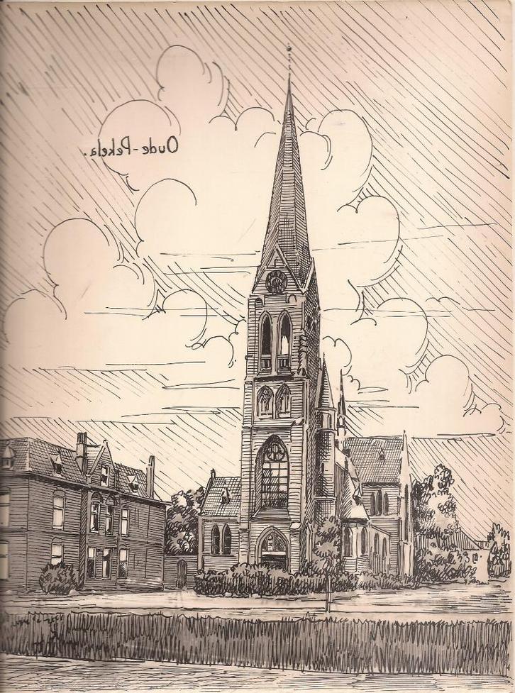 Oude Pekela Sint-Willibrorduskerk tekening sievers 50/60er j, Antiek en Kunst, Kunst | Tekeningen en Foto's, Ophalen of Verzenden