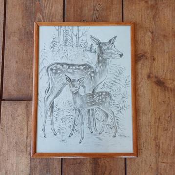 Vintage ingelijste tekening herten - H. Koolhof beschikbaar voor biedingen