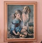 Vintage lijst met afbeelding hond en kind, Ophalen of Verzenden