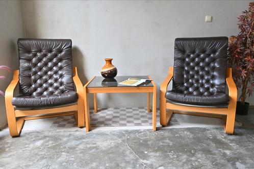 Set vintage fauteuils/bijzettafel POEM Noboru Nakamura/Ikea, Huis en Inrichting, Fauteuils, Gebruikt, Leer, 50 tot 75 cm, 75 tot 100 cm