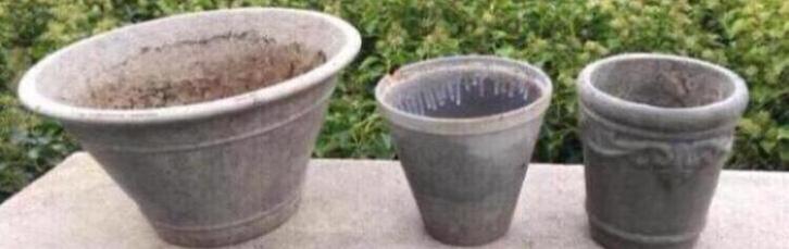 Oude stenen bloempotten brocante grijs, Tuin en Terras, Bloempotten, Zo goed als nieuw, Steen, Binnen, Balkon, Tuin, Minder dan 40 cm