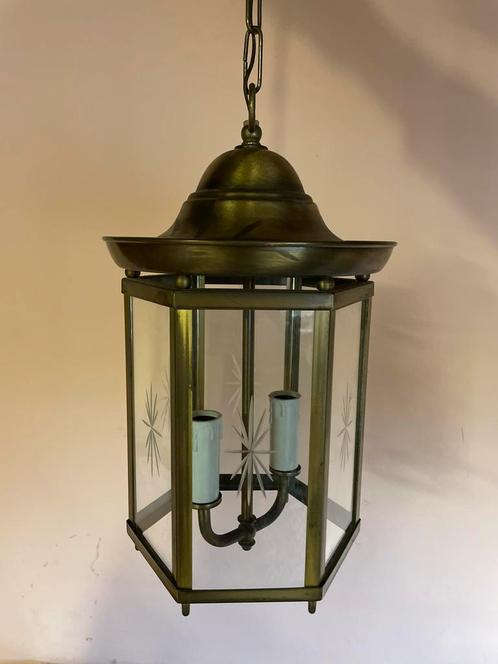 Vintage goudkleurige glazen hanglamp met stermotief, Huis en Inrichting, Lampen | Hanglampen, Gebruikt, Minder dan 50 cm, Glas