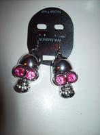 Oorbellen Zilverkleur Skull Kopjes Roze Kristal, Overige materialen, Hangers, Verzenden, Nieuw