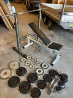 Complete home gym setup,squatrack,bankje,dumbbells stangen, Sport en Fitness, Fitnessmaterialen, Ophalen, Gebruikt, Benen, Halterschijven