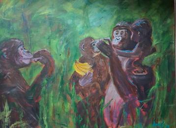 Apen in het groen - Acrylverf schilderij beschikbaar voor biedingen