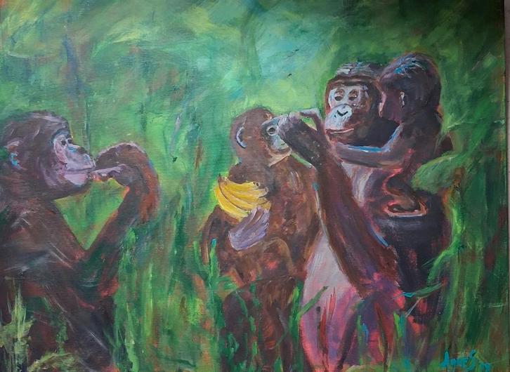 Apen in het groen - Acrylverf schilderij, Antiek en Kunst, Kunst | Schilderijen | Klassiek, Ophalen of Verzenden