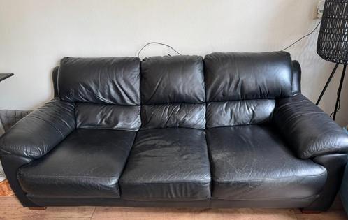 Zwarte leren 3-zits bank, Huis en Inrichting, Banken | Bankstellen, Gebruikt, Rechte bank, Driepersoons, 200 tot 250 cm, 75 tot 100 cm