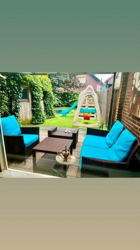 Mooie Wicker Loungeset met Blauwe Kussens, Tuin en Terras, Tuinsets en Loungesets, Zo goed als nieuw, Loungeset, Wicker, 4 zitplaatsen
