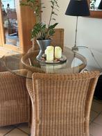 Rieten Eethoek rond 120 cm  4 stoelen tafel met glasplaat, Ophalen, Gebruikt, 4 tot 6 stoelen