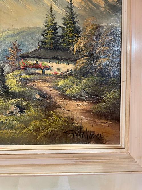 Klassiek schilderij van S. Waldner - Berglandschap met huisj, Antiek en Kunst, Kunst | Schilderijen | Klassiek, Ophalen of Verzenden