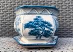 Bonsai pot + onderzetter blauw gedecoreerd 13,3x12,8x9,2, Tuin en Terras, Bloempotten, Overige materialen, Nieuw, Ophalen of Verzenden